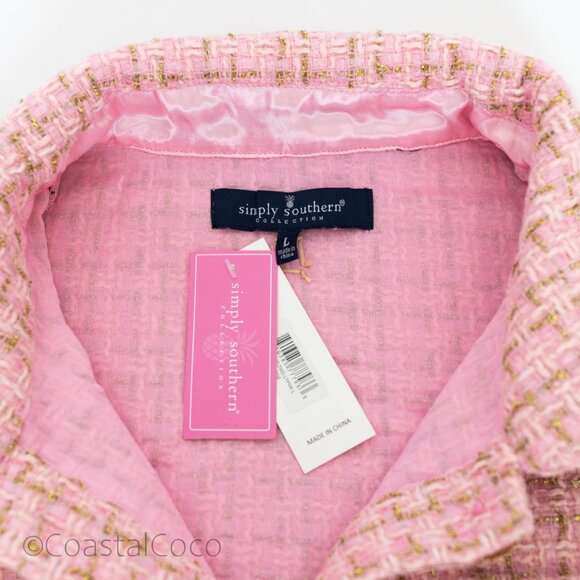 Pink Tweed Pearl Button Cropped Jacket L Blazer Preppy Academia Coastal Grandma - Picture 3 of 13